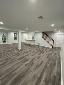 A dark brown flooring for the basement