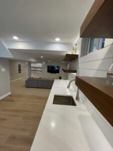 Countertops of a kitchen showing the TV area