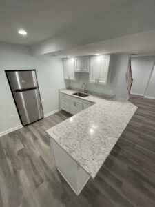 A basement kitchen area